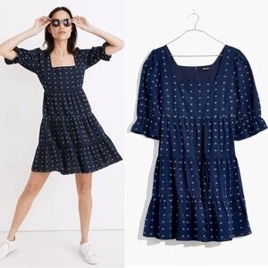 Madewell navy Square-Neck Puff-Sleeve Babydoll mini prairie Dress MA812